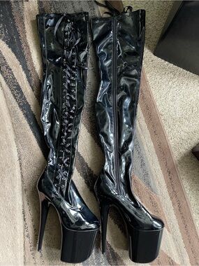Pleaser Flamingo Black Patent Thigh High Boots. Size 9
